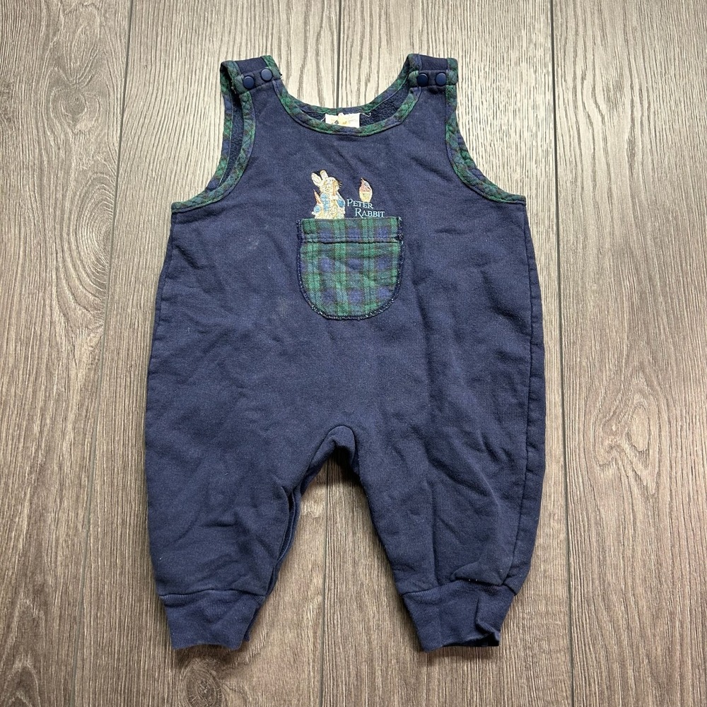Vintage 1997 Peter Rabbit Beatrix Potter Collection Navy Plaid Overalls 6 Months